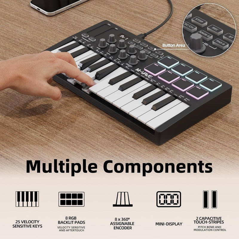 DAIERTEK Midi Keyboard Controller 25 Key Portable Mini Bluetooth & USB Midi Piano with 8 Backlit Drum Pad, 8 Knobs and Music Production Software for Computer Recording, Music Production - Image 2